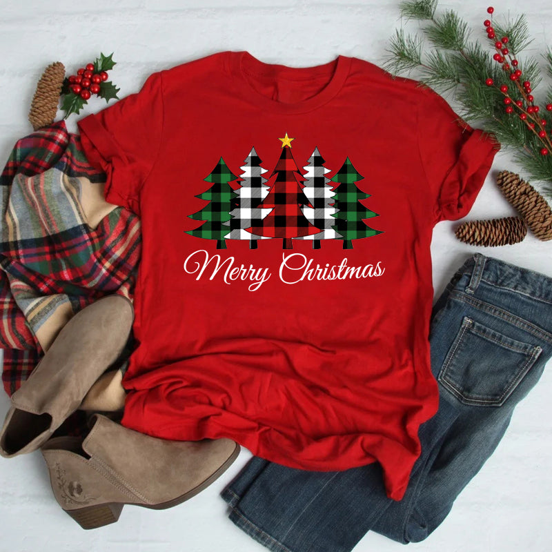 Women’s Christmas Tees with Slogan & Pine Tree Print | Short Sleeve