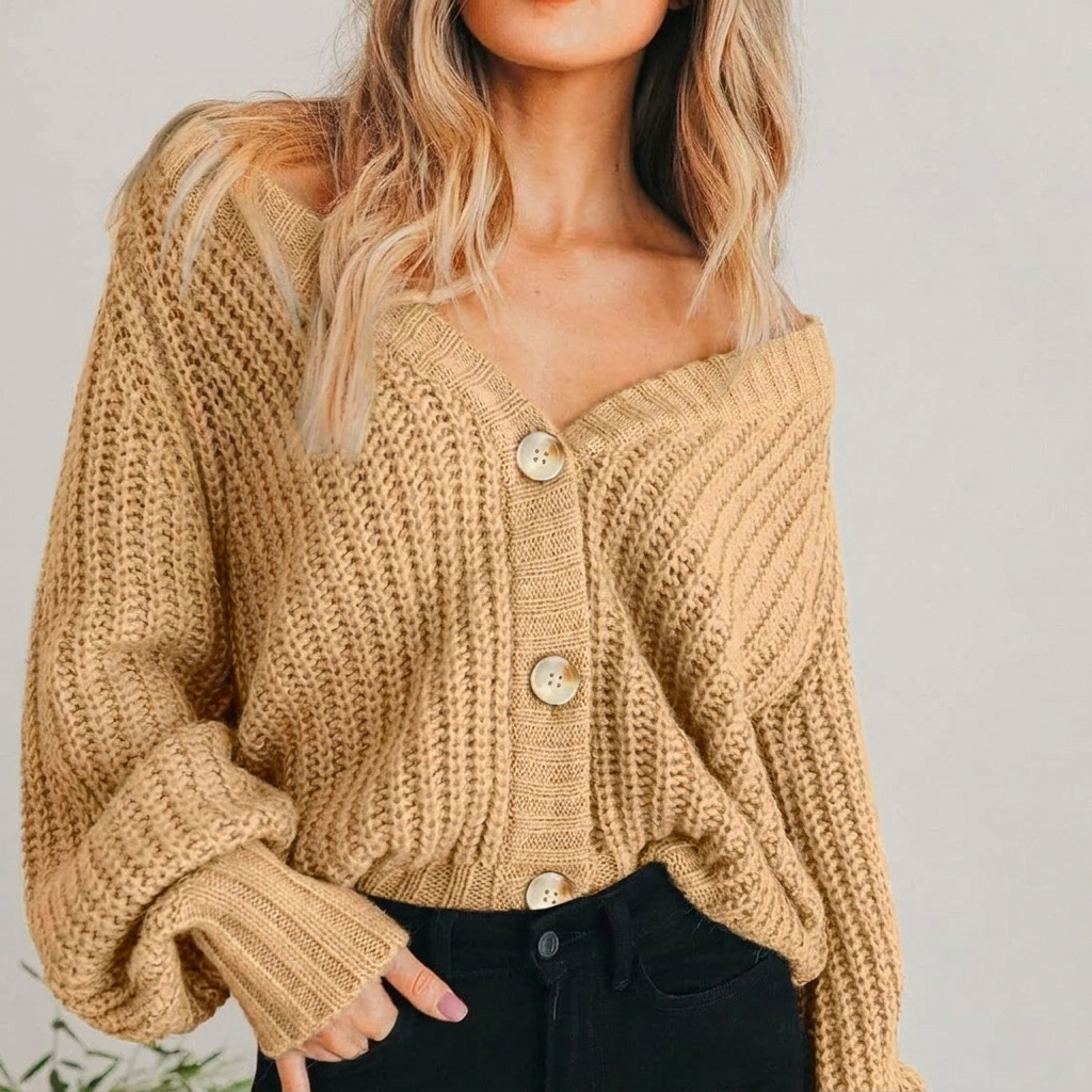 Women's Chunky Cardigan Knit Oversized with Balloon Sleeve | V-Neck