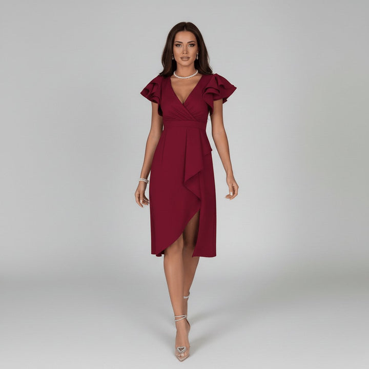 Women’s Cocktail Dress Midi with Asymmetric Hem & V-Neck | Ruffle