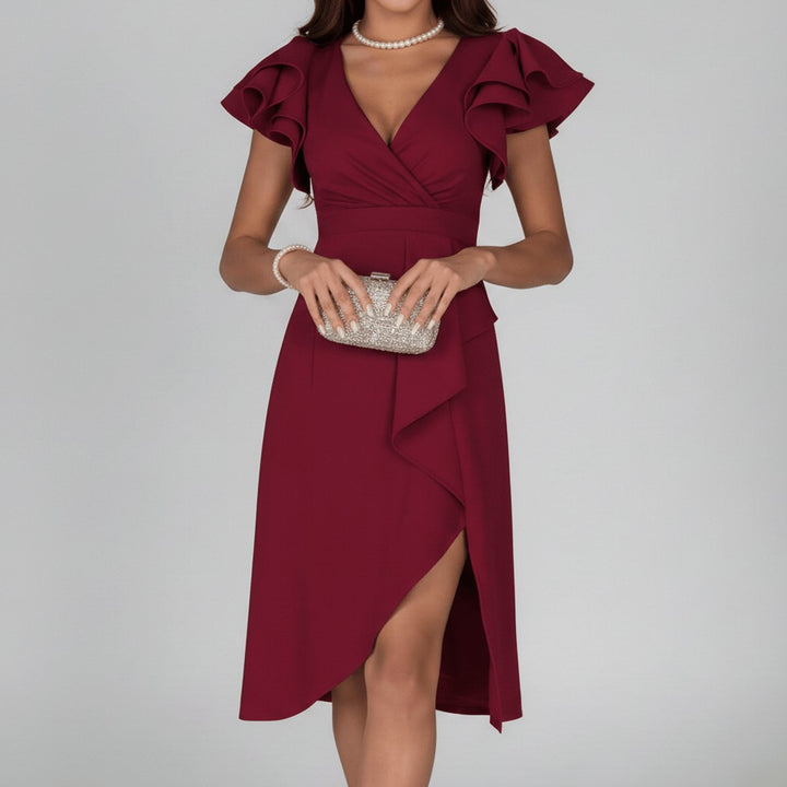 Women’s Cocktail Dress Midi with Asymmetric Hem & V-Neck | Ruffle