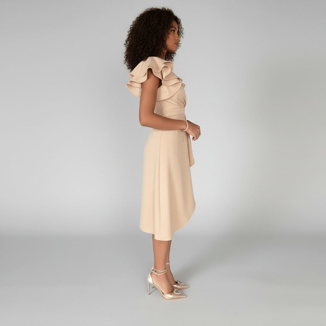 Women’s Cocktail Dress Midi with Asymmetric Hem & V-Neck | Ruffle