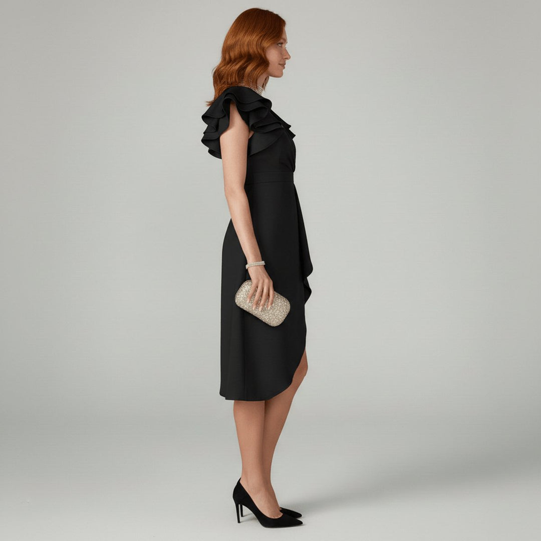 Women’s Cocktail Dress Midi with Asymmetric Hem & V-Neck | Ruffle