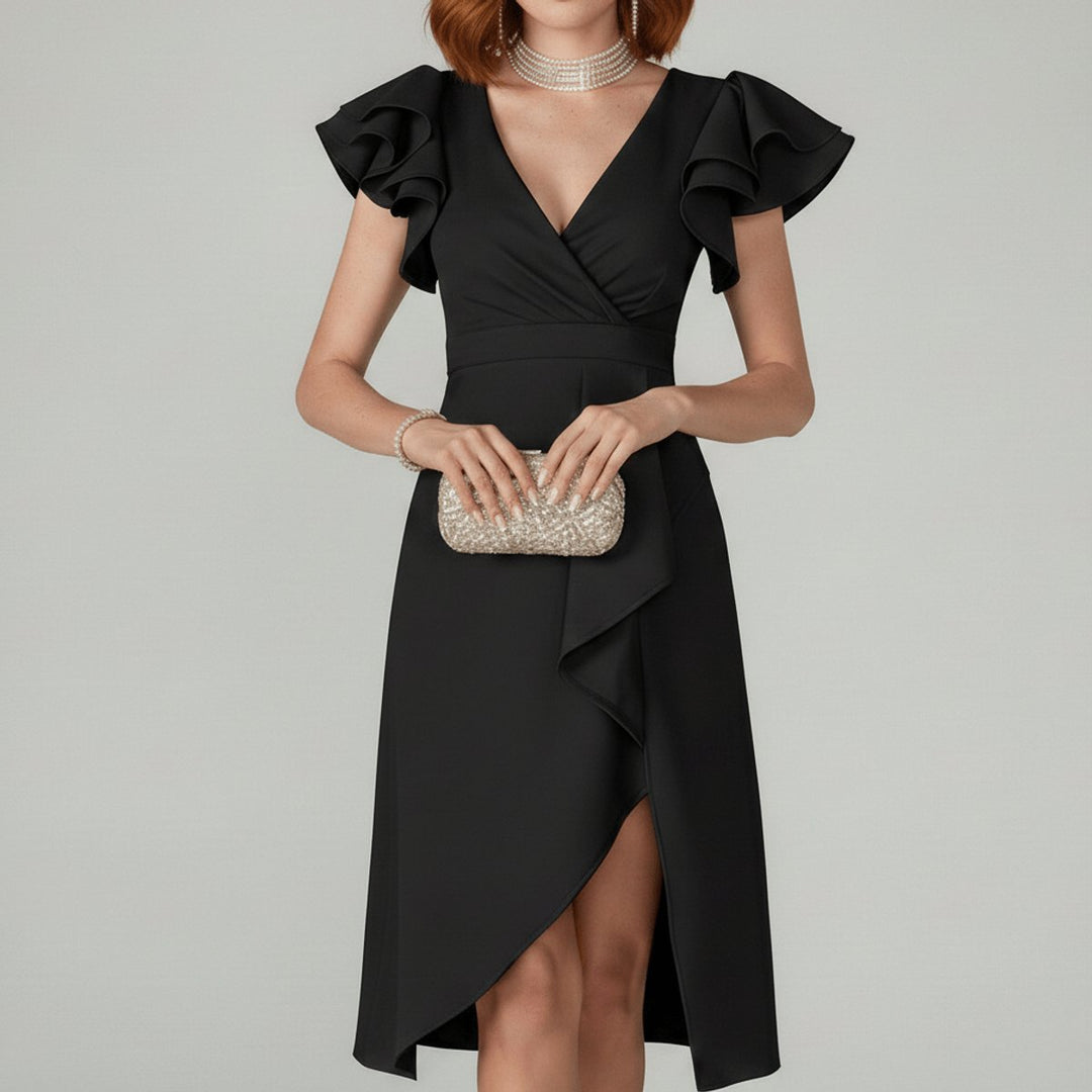 Women’s Cocktail Dress Midi with Asymmetric Hem & V-Neck | Ruffle