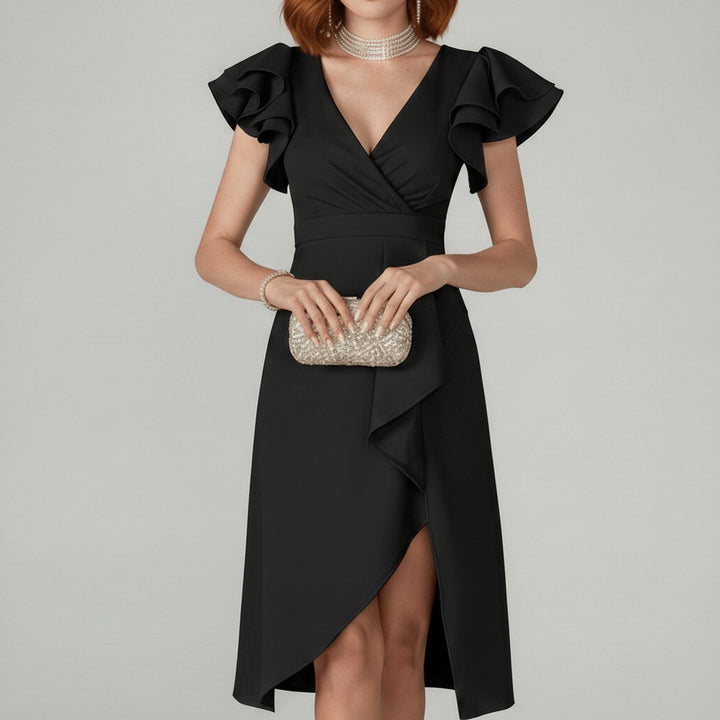 Women’s Cocktail Dress Midi with Asymmetric Hem & V-Neck | Ruffle