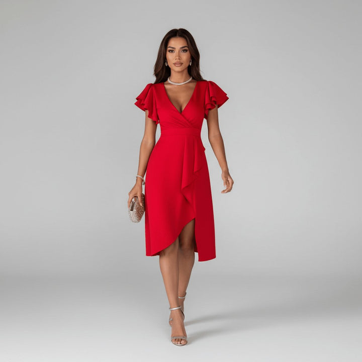 Women’s Cocktail Dress Midi with Asymmetric Hem & V-Neck | Ruffle
