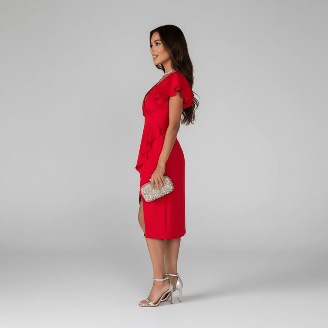 Women’s Cocktail Dress Midi with Asymmetric Hem & V-Neck | Ruffle