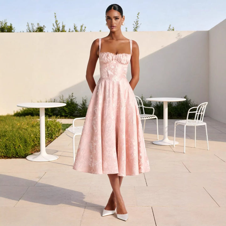 Women’s Cocktail Dress Midi with Corset Bodice & Floral Jacquard | Formal