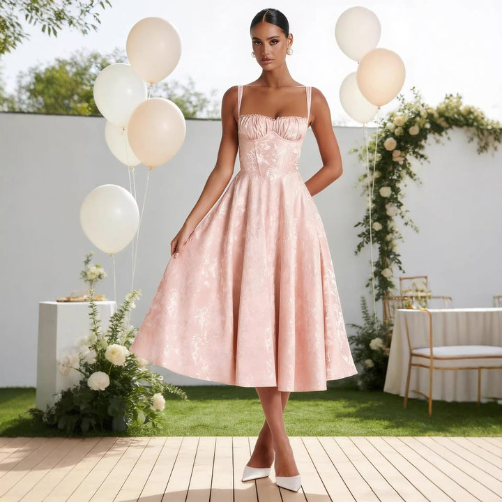 Women’s Cocktail Dress Midi with Corset Bodice & Floral Jacquard | Formal