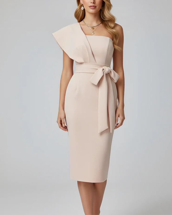 Women's Cocktail Dress One Shoulder with Tie Waist | Midi
