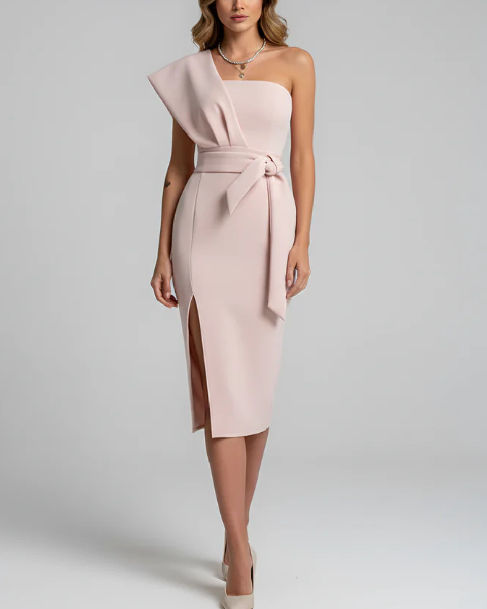 Women's Cocktail Dress One Shoulder with Tie Waist | Midi