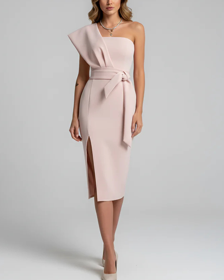 Women's Cocktail Dress One Shoulder with Tie Waist | Midi