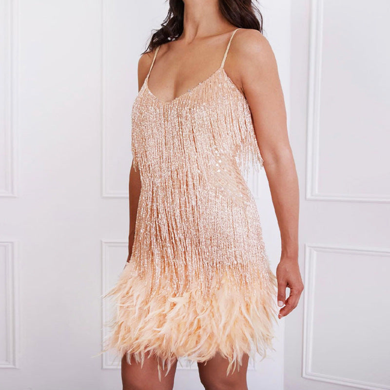 Women's Cocktail Dress Sequin with Feather Hem | Party