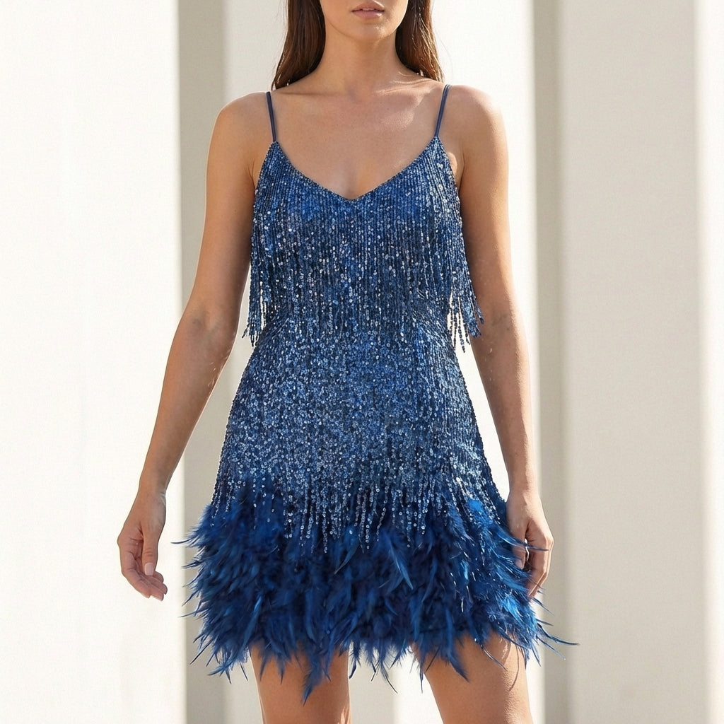 Women's Cocktail Dress Sequin with Feather Hem | Party