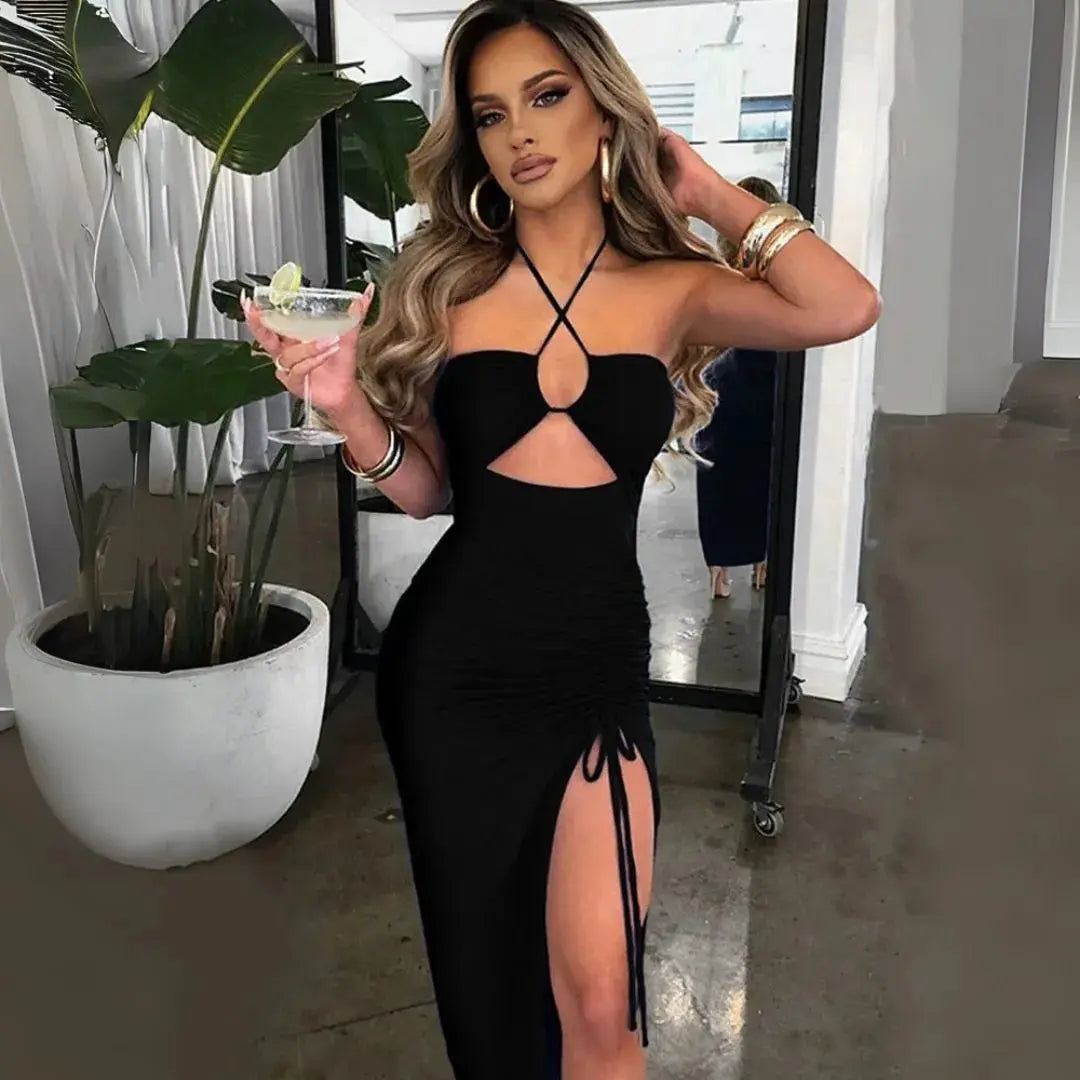 Women's Cocktail Dress with Halter Neck & Cutout | Maxi