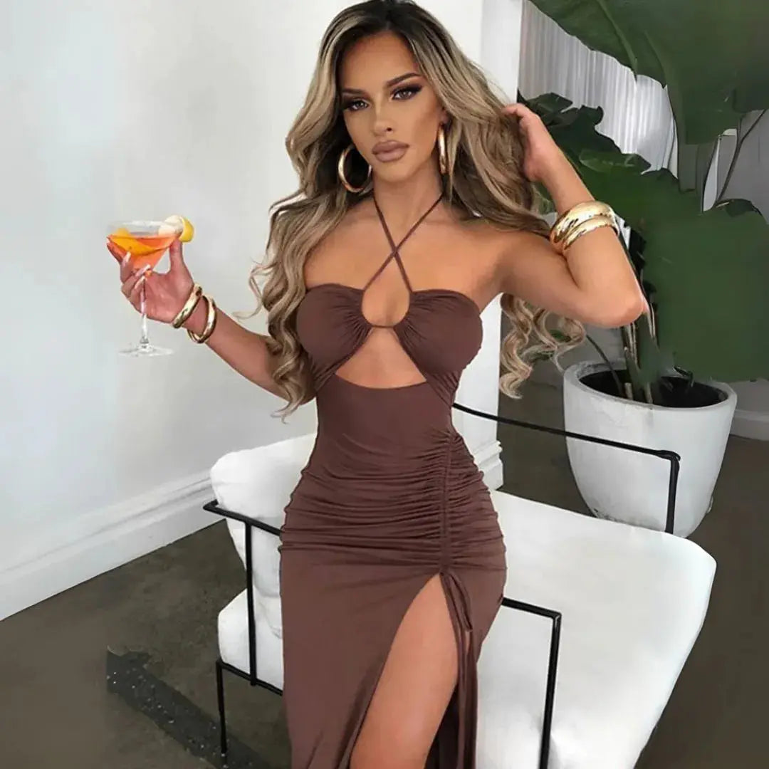 Women's Cocktail Dress with Halter Neck & Cutout | Maxi