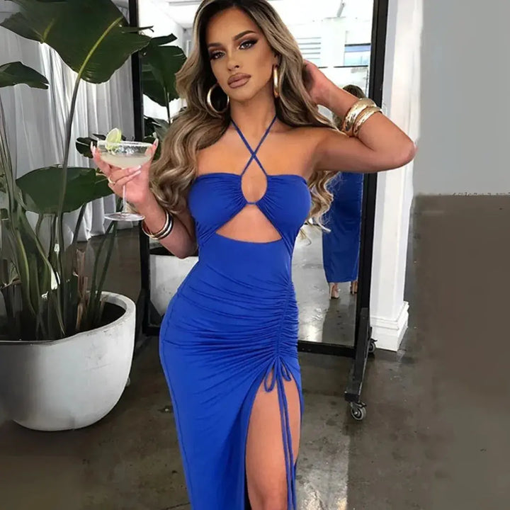 Women's Cocktail Dress with Halter Neck & Cutout | Maxi