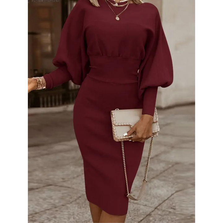 Women's Cocktail Dress with Lantern Sleeve & Round Neck | Midi