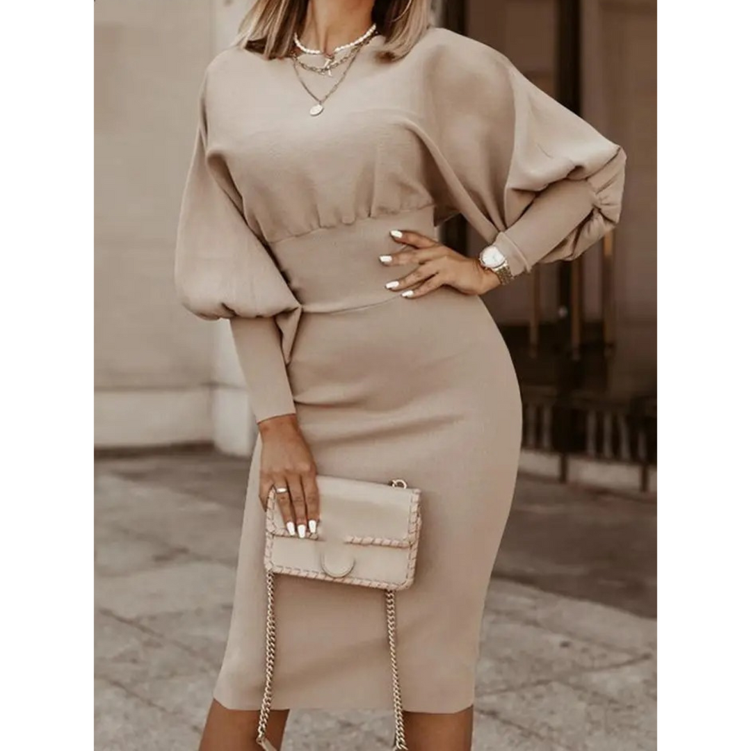 Women's Cocktail Dress with Lantern Sleeve & Round Neck | Midi