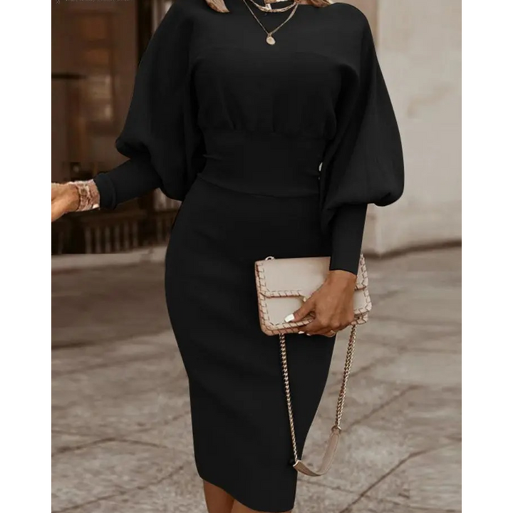Women's Cocktail Dress with Lantern Sleeve & Round Neck | Midi