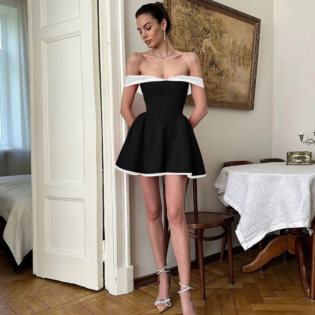 Women's Cocktail Dress with Off Shoulder & Contrast Trim | Mini