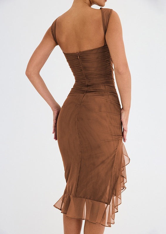Women's Cocktail Dress with Ruffle Hem & Ruching | Bodycon Midi
