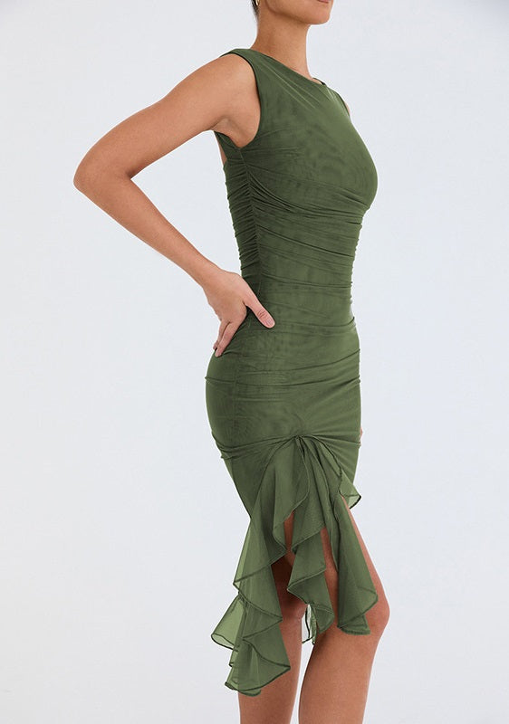 Women's Cocktail Dress with Ruffle Hem & Ruching | Bodycon Midi