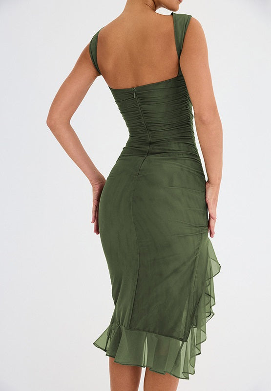 Women's Cocktail Dress with Ruffle Hem & Ruching | Bodycon Midi