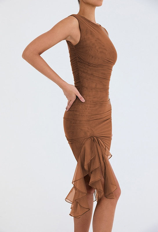 Women's Cocktail Dress with Ruffle Hem & Ruching | Bodycon Midi