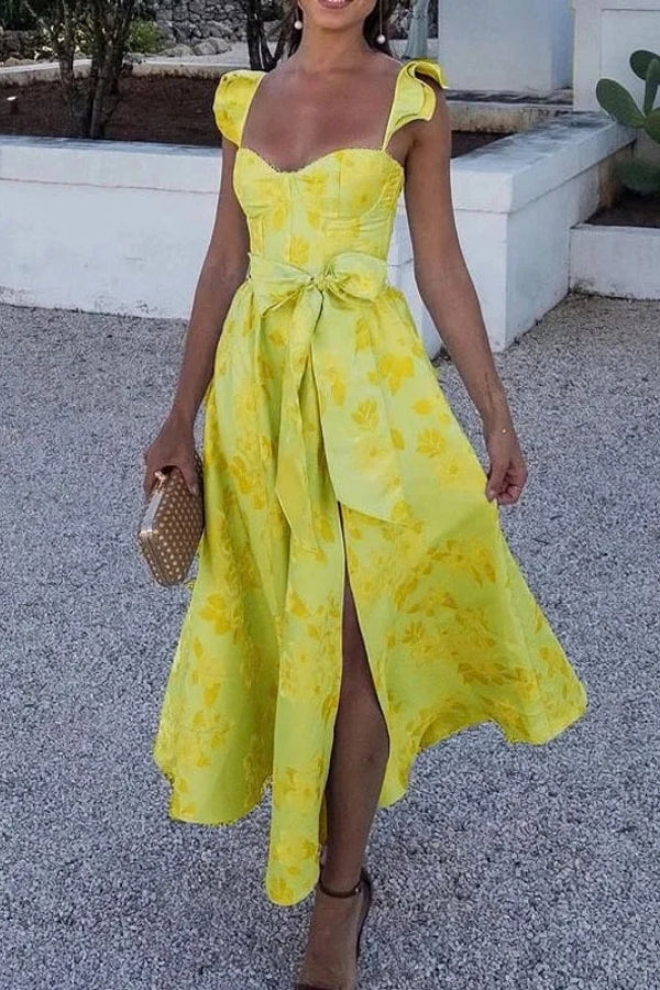 Women's Corset Dress Floral Midi | Side Slit