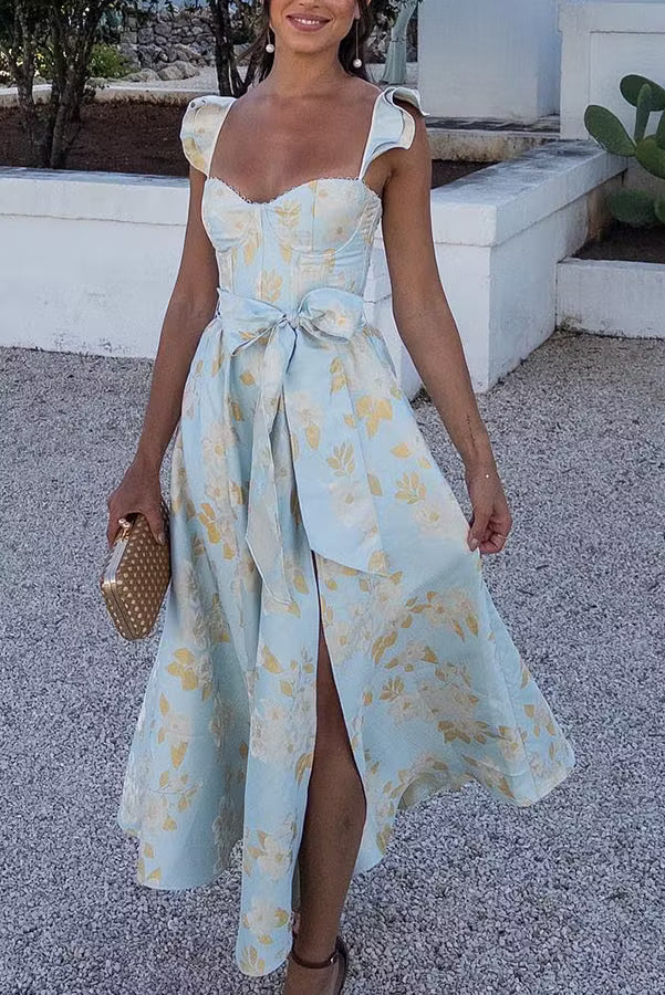 Women's Corset Dress Floral Midi | Side Slit