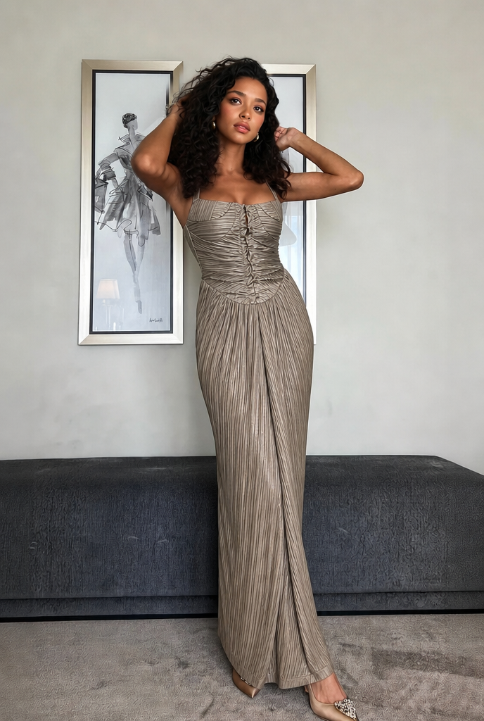 Women's Corset Formal Dress & Tie Back | Maxi Pleated
