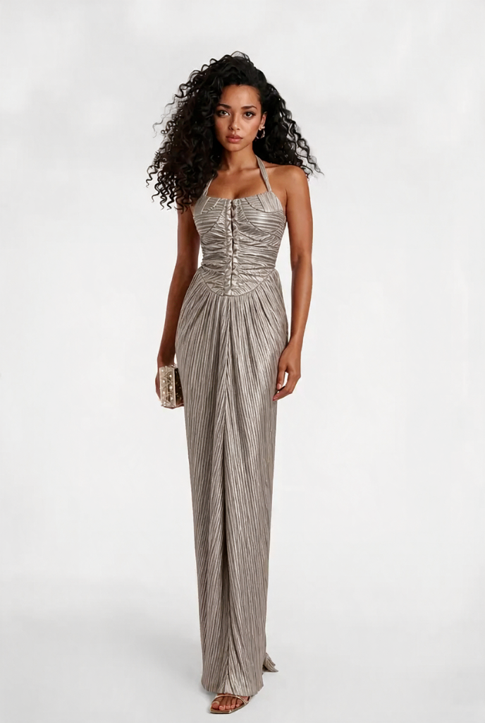 Women's Corset Formal Dress & Tie Back | Maxi Pleated