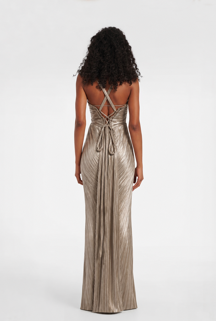 Women's Corset Formal Dress & Tie Back | Maxi Pleated
