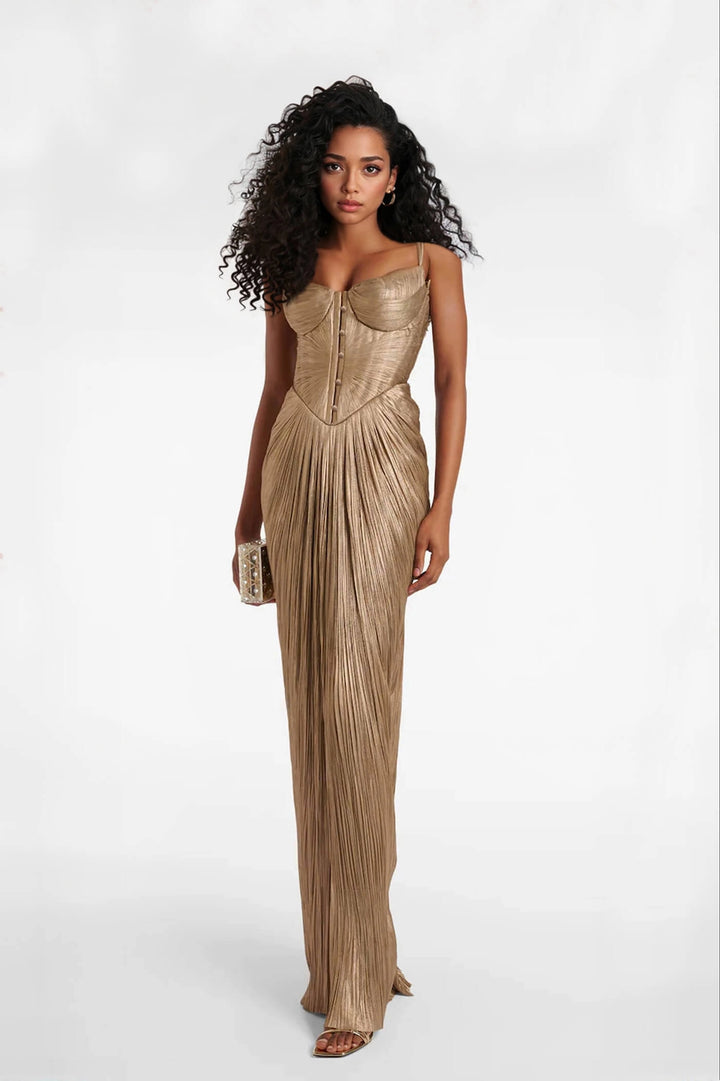 Women's Corset Formal Dress & Tie Back | Maxi Pleated
