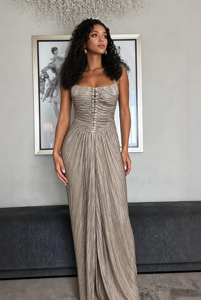 Women's Corset Formal Dress & Tie Back | Maxi Pleated