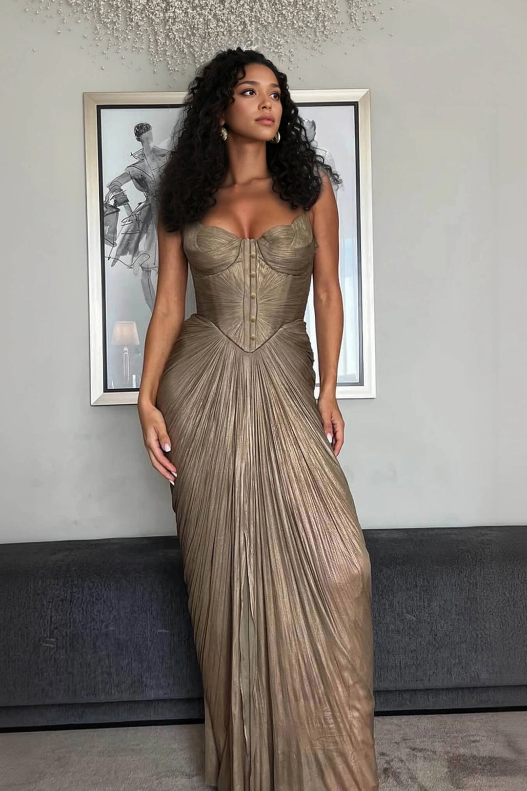 Women's Corset Formal Dress & Tie Back | Maxi Pleated