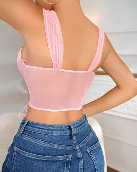 Women's Corset Top with Floral Lace-Up & Straps | Crop