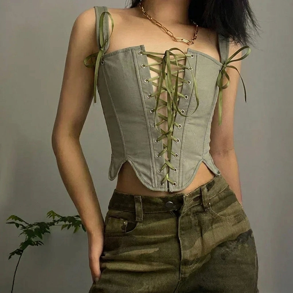 Women's Corset Top with Lace Up Front & Tie Straps | Crop