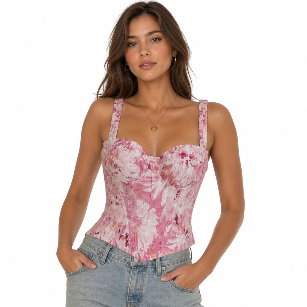 Women's Corset Top with Print & Boning | Pink Crop Tank