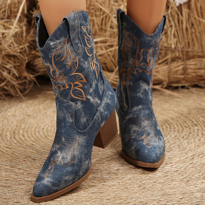 Women’s Cowgirl Boots with Embroidery & Washed Look | Block Heel
