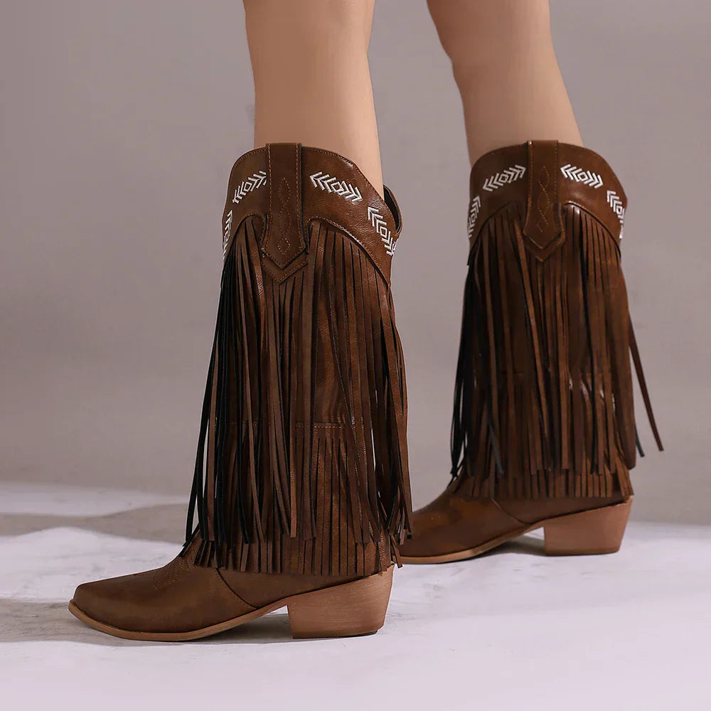 Women's Cowgirl Boots with Fringe & Embroidery | Block Heel