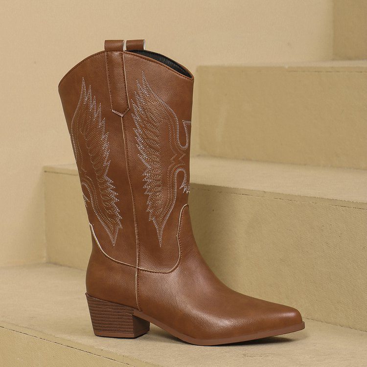 Women's Cowgirl Boots with Wing Stitch & Pointed Toe | Block Heel
