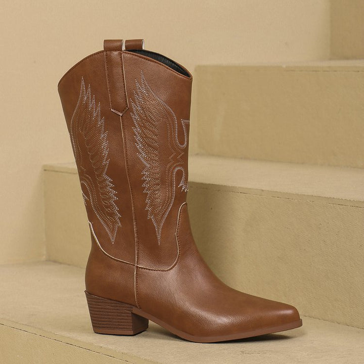Women's Cowgirl Boots with Wing Stitch & Pointed Toe | Block Heel