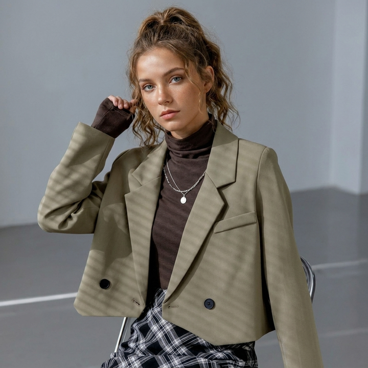 Women's Cropped Blazer with Notched Lapel & Welt Pocket | Casual