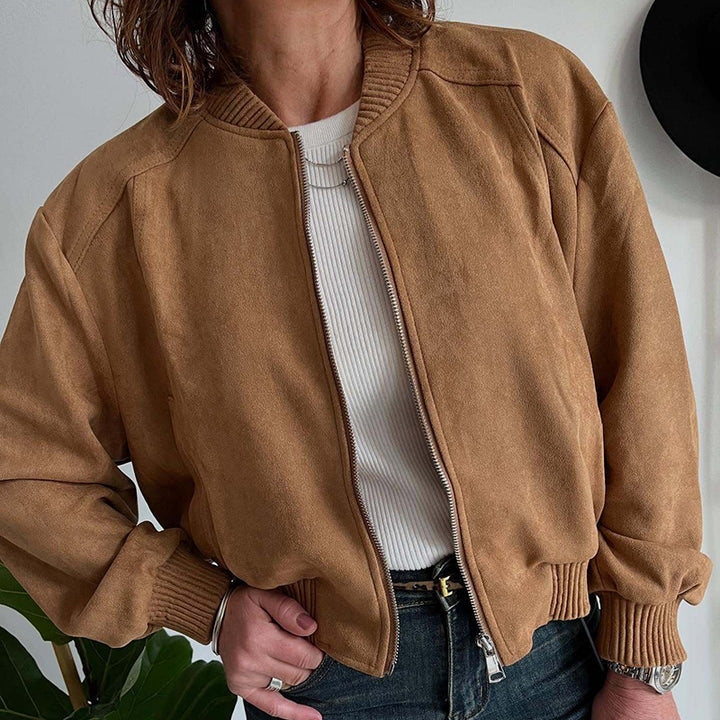 Women's Cropped Bomber Jacket with Ribbed Trim | Zip-Up