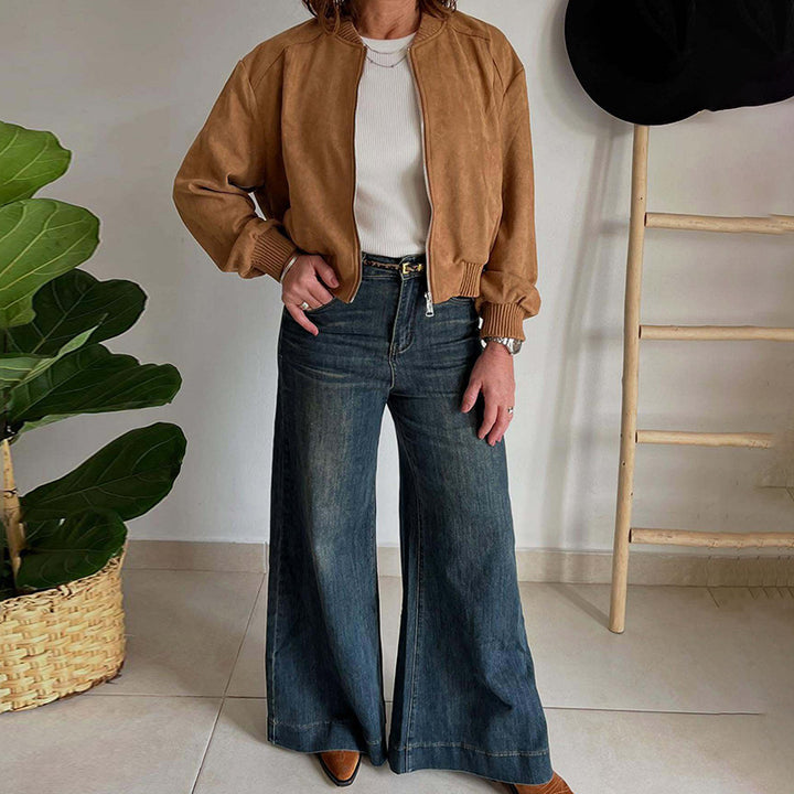 Women's Cropped Bomber Jacket with Ribbed Trim | Zip-Up