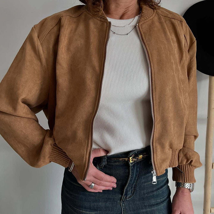 Women's Cropped Bomber Jacket with Ribbed Trim | Zip-Up