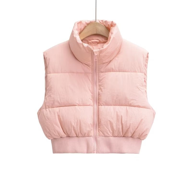 Women's Cropped Puffer Vest with Stand Collar | Sleeveless