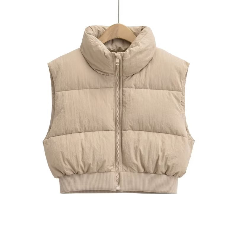 Women's Cropped Puffer Vest with Stand Collar | Sleeveless