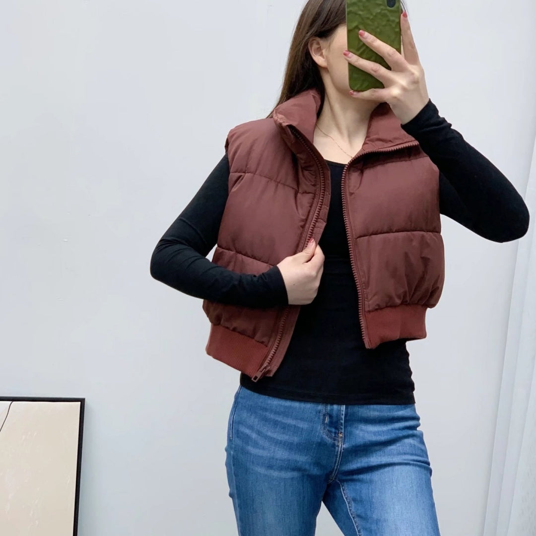 Women's Cropped Puffer Vest with Stand Collar | Sleeveless